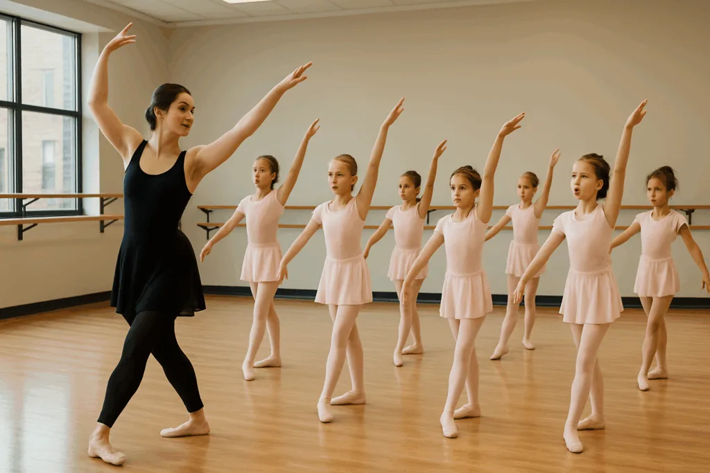 Ballet instructor leading young students in studio